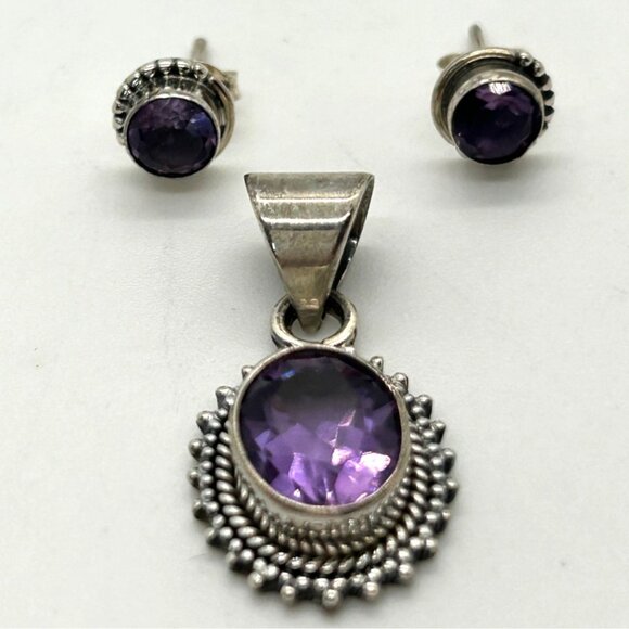Sterling Silver Amethyst Pendant Earrings Set February Birthstone Minimalist - Picture 3 of 9